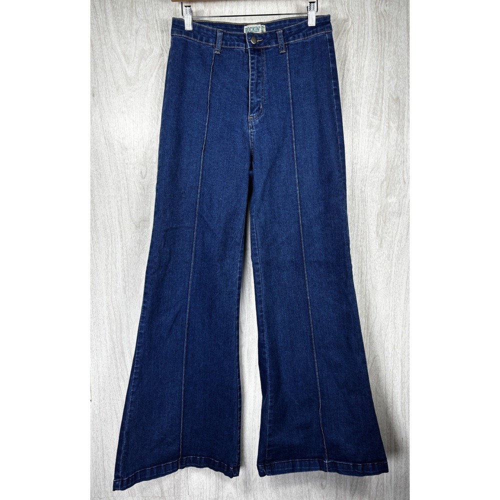 Rockin C Jeans L High Rise Flare Dark Wash Seam Front Stretch Retro